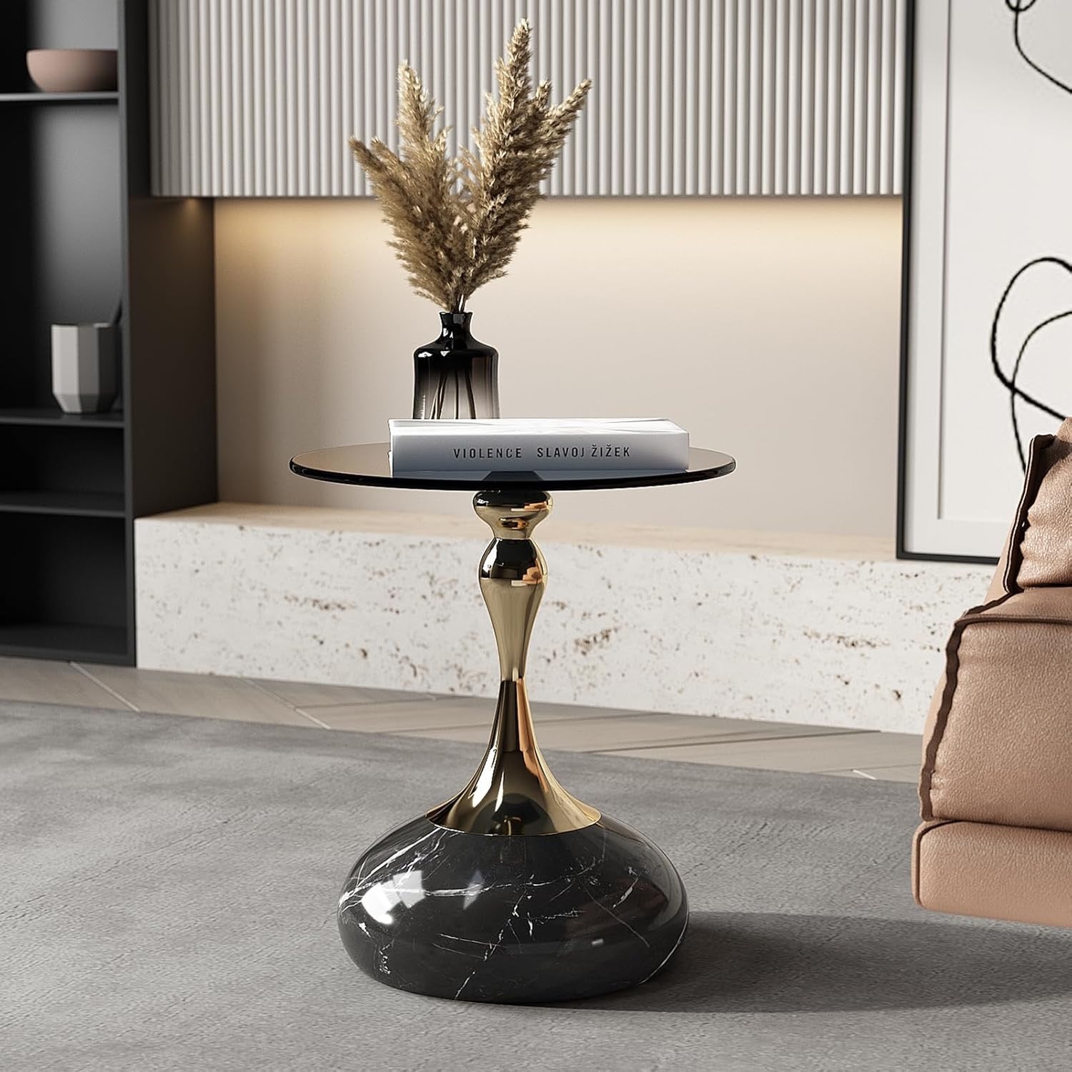 Lartis Tempered Glass Side Table | Gray Glass Accent Table with Marble Base & Gold/Black Frame