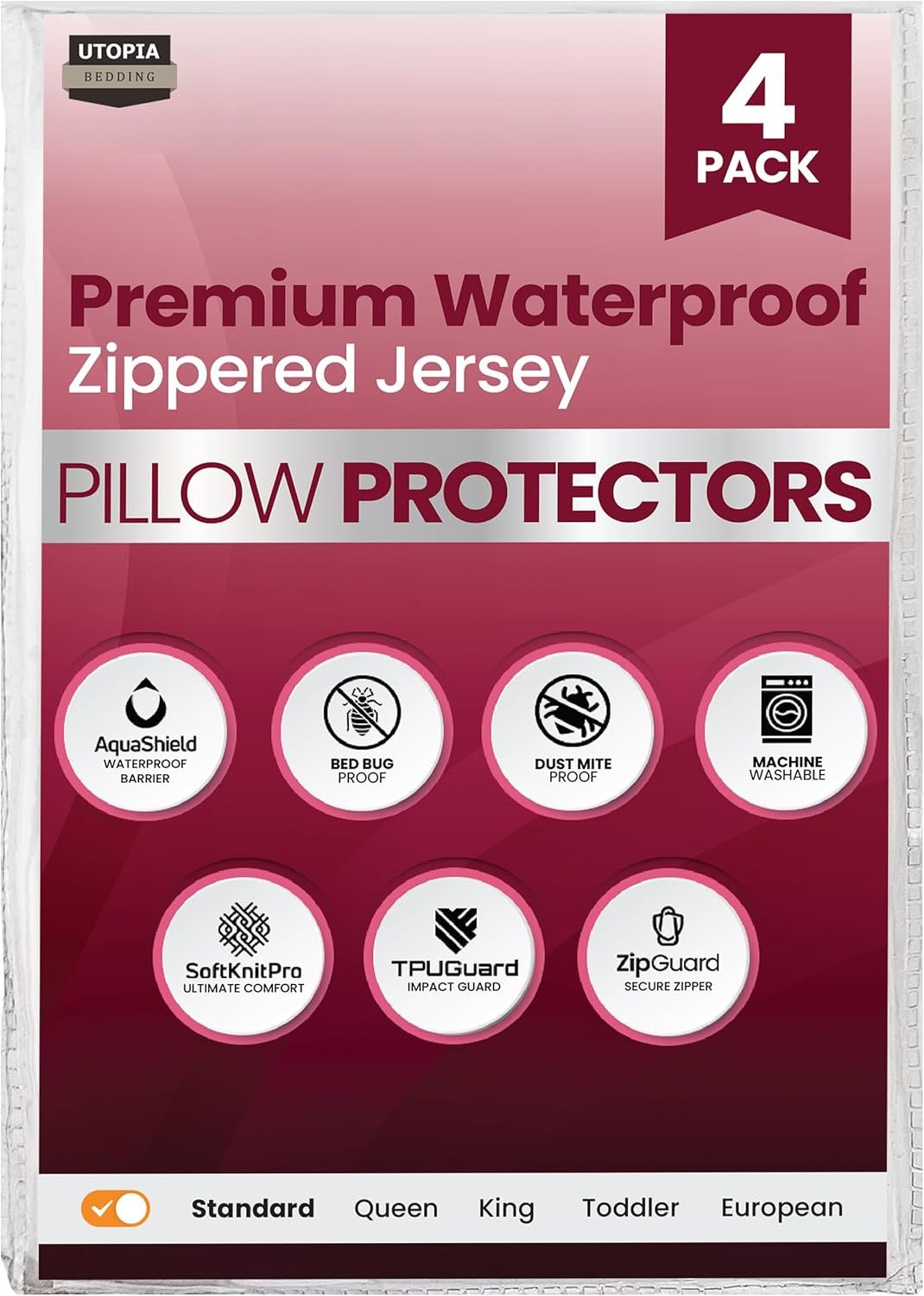 Utopia Bedding Waterproof Pillow Protectors (Set of 4) | Zippered Pillow Encasements, Dust Mite & Bed Bug Proof – Standard Size