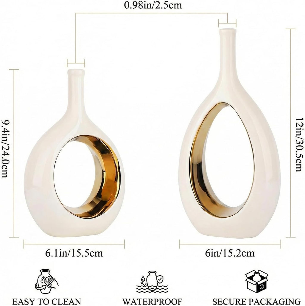 White & Gold Ceramic Hollow Circle Vase | Modern Minimalist Decorative Vase for Shelf & Mantle