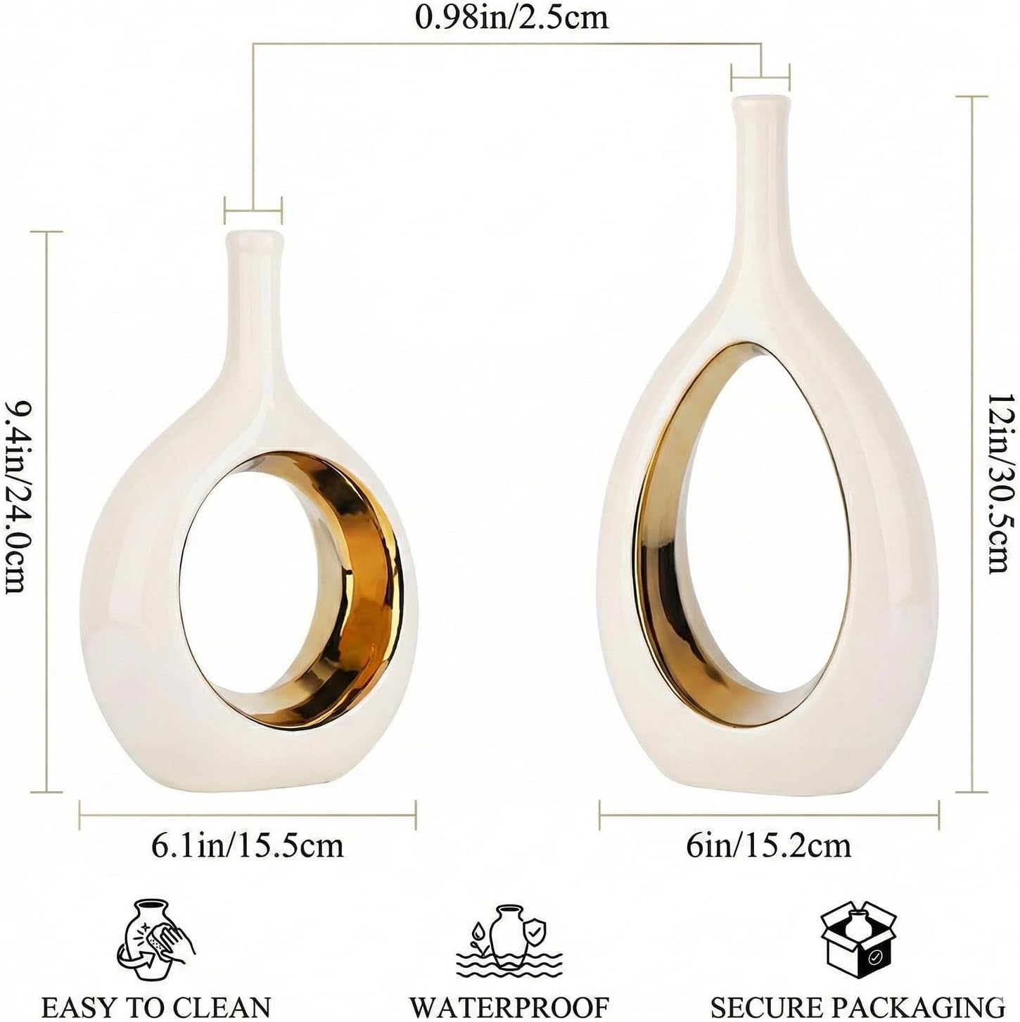 White & Gold Ceramic Hollow Circle Vase | Modern Minimalist Decorative Vase for Shelf & Mantle