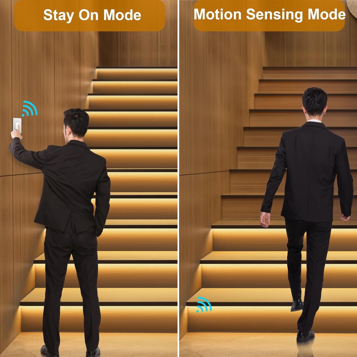Intelligent Motion-Triggered LED Stair Lighting Kit | 40” Cuttable Warm White LED Strip Lights for 16 Stairs