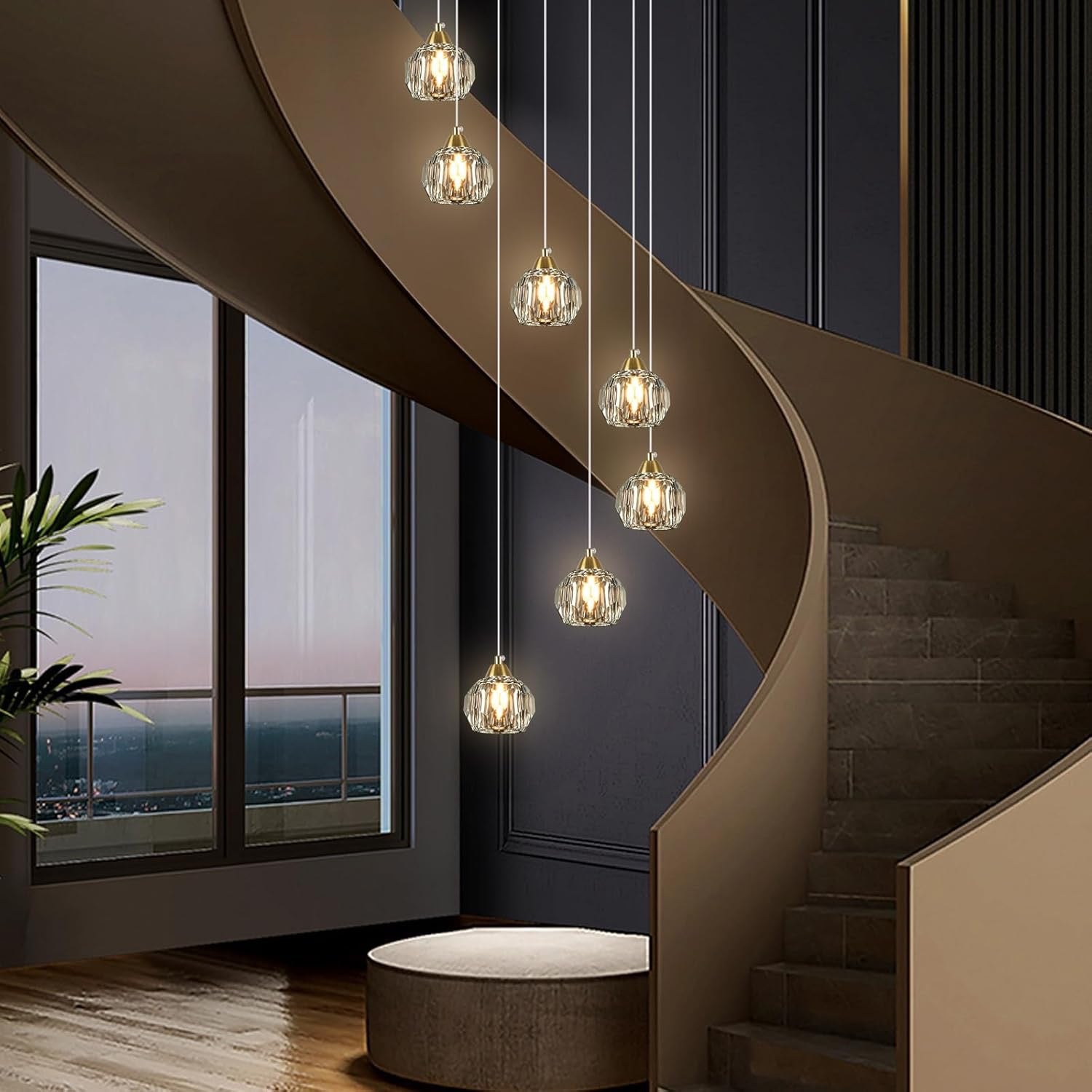 Crystal Chandeliers for High Ceilings | 7-Light Gold Modern Pendant Light Fixture