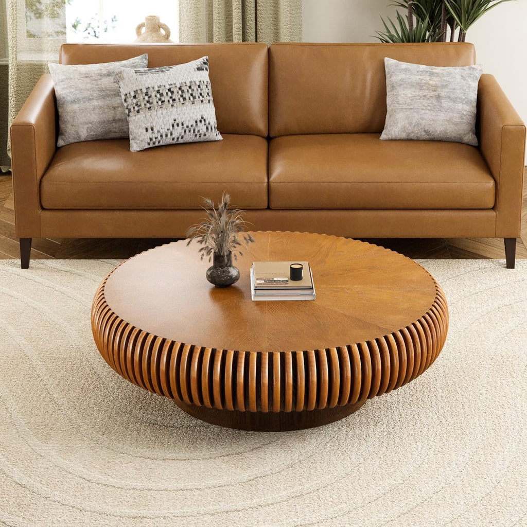 39.3” Modern Fluted Drum Coffee Table | Round Walnut Wood Contemporary Center Table