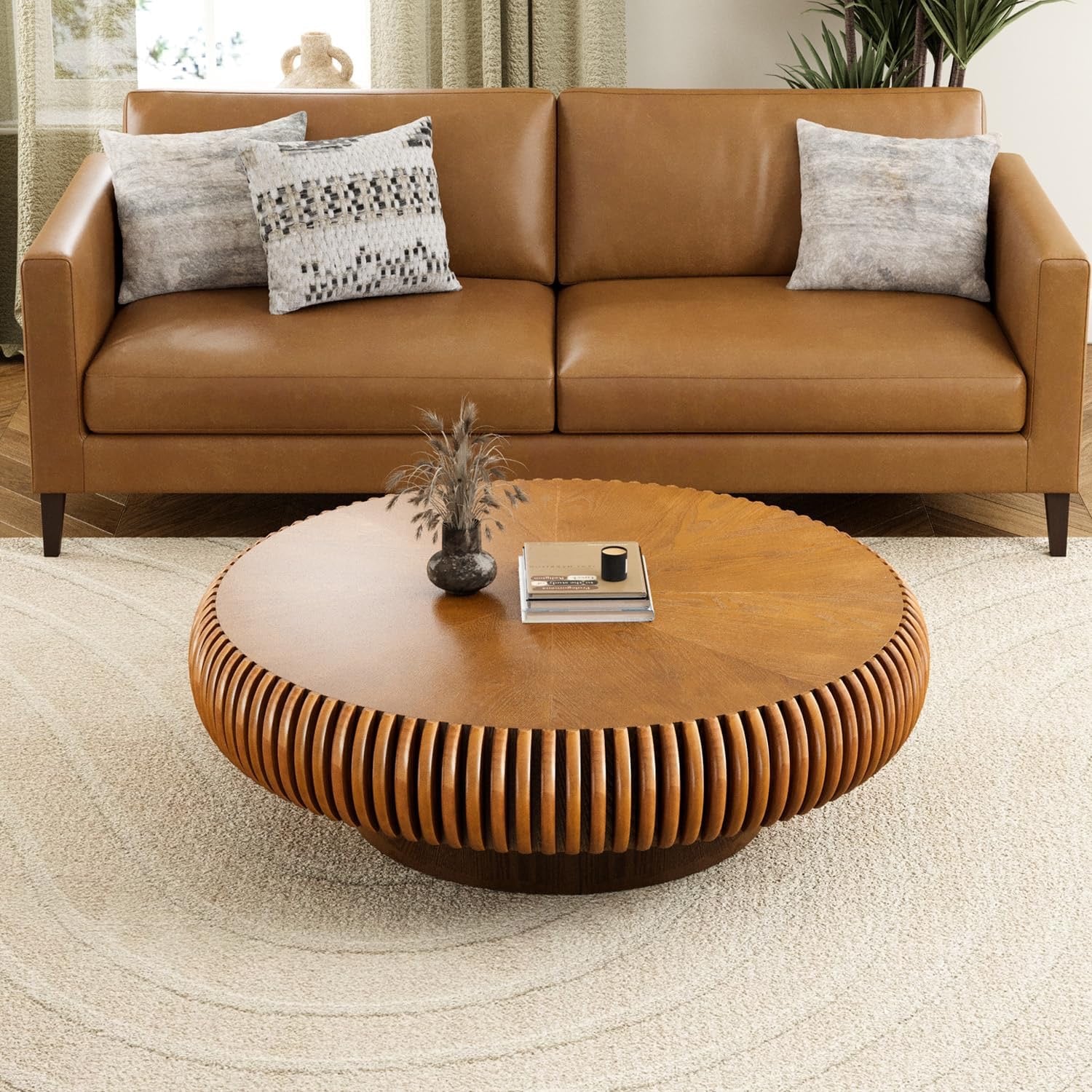 39.3” Modern Fluted Drum Coffee Table | Round Walnut Wood Contemporary Center Table