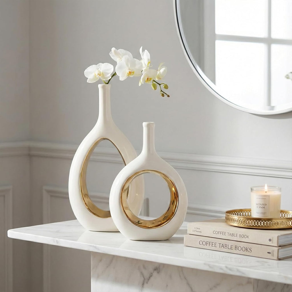 White & Gold Ceramic Hollow Circle Vase | Modern Minimalist Decorative Vase for Shelf & Mantle