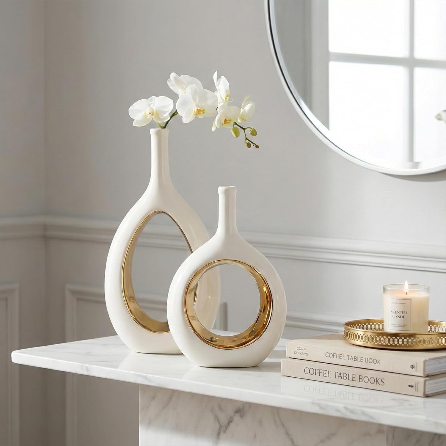 White & Gold Ceramic Hollow Circle Vase | Modern Minimalist Decorative Vase for Shelf & Mantle