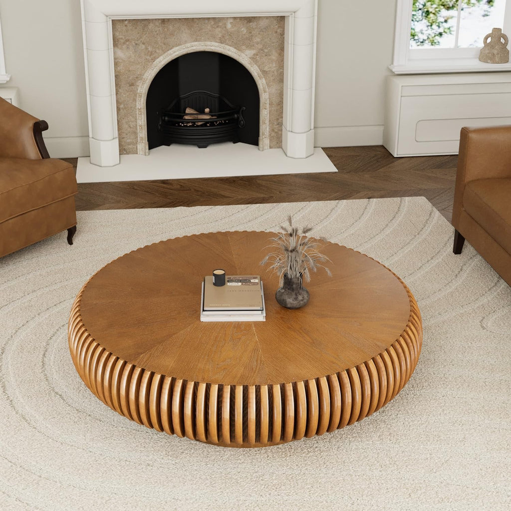 39.3” Modern Fluted Drum Coffee Table | Round Walnut Wood Contemporary Center Table