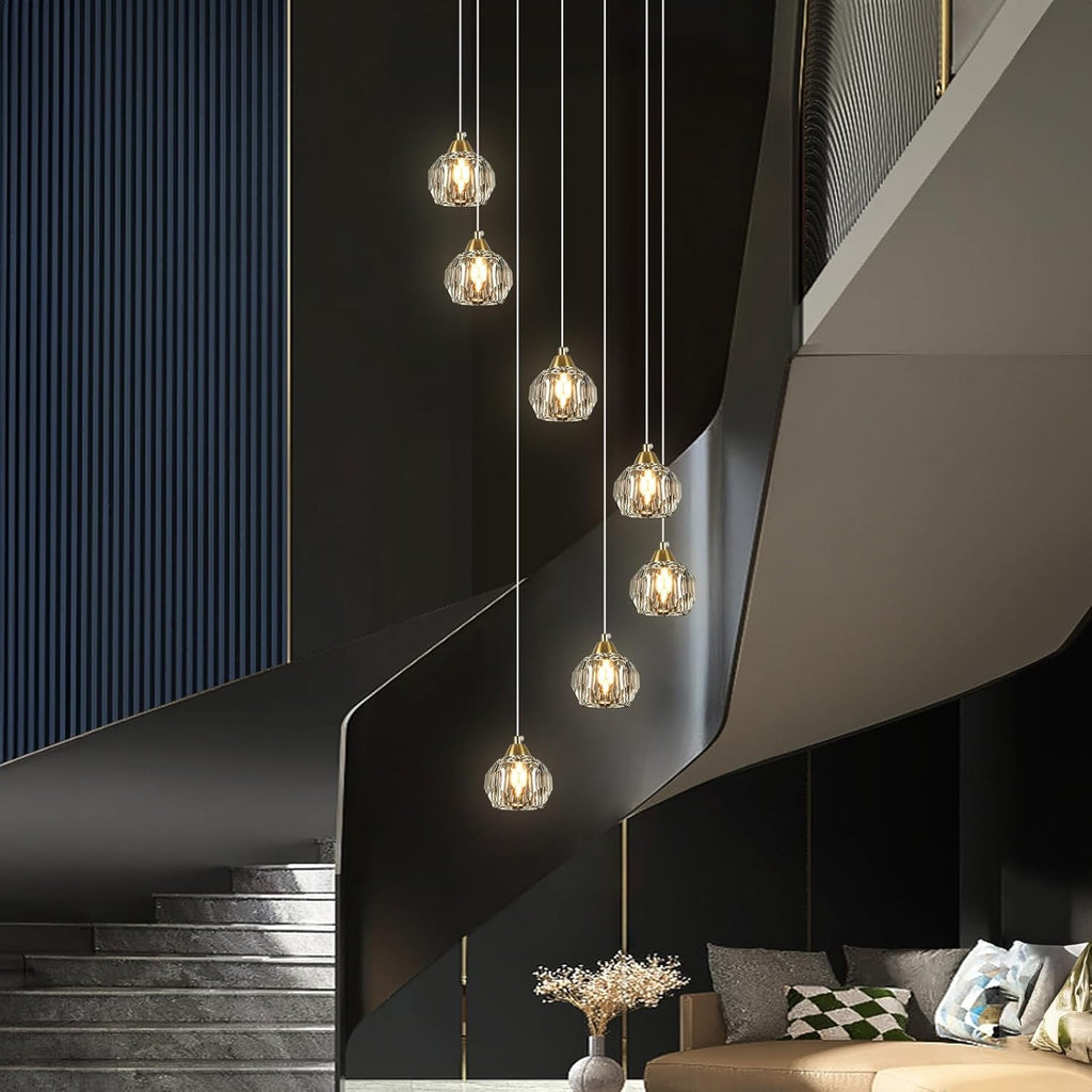Crystal Chandeliers for High Ceilings | 7-Light Gold Modern Pendant Light Fixture