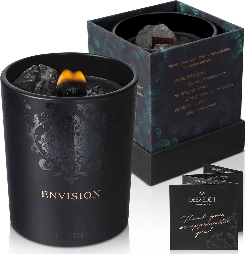 Black Orchid & Pine Moss Crystal Candle | Luxury Soy Blend Candle with Smoky & Clear Quartz, Wood Wick
