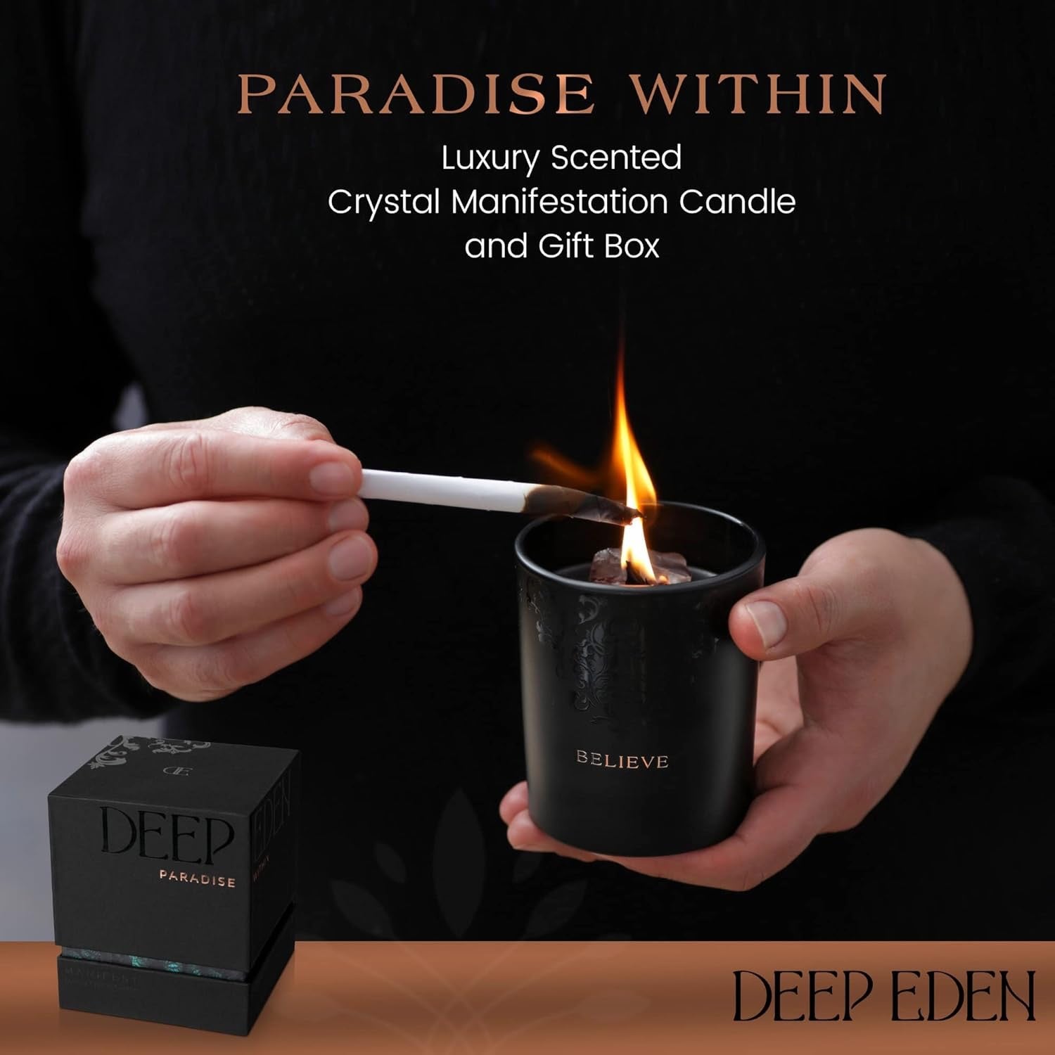 Black Orchid & Pine Moss Crystal Candle | Luxury Soy Blend Candle with Smoky & Clear Quartz, Wood Wick