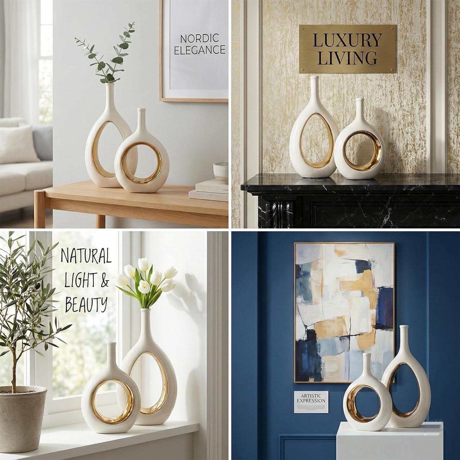 White & Gold Ceramic Hollow Circle Vase | Modern Minimalist Decorative Vase for Shelf & Mantle