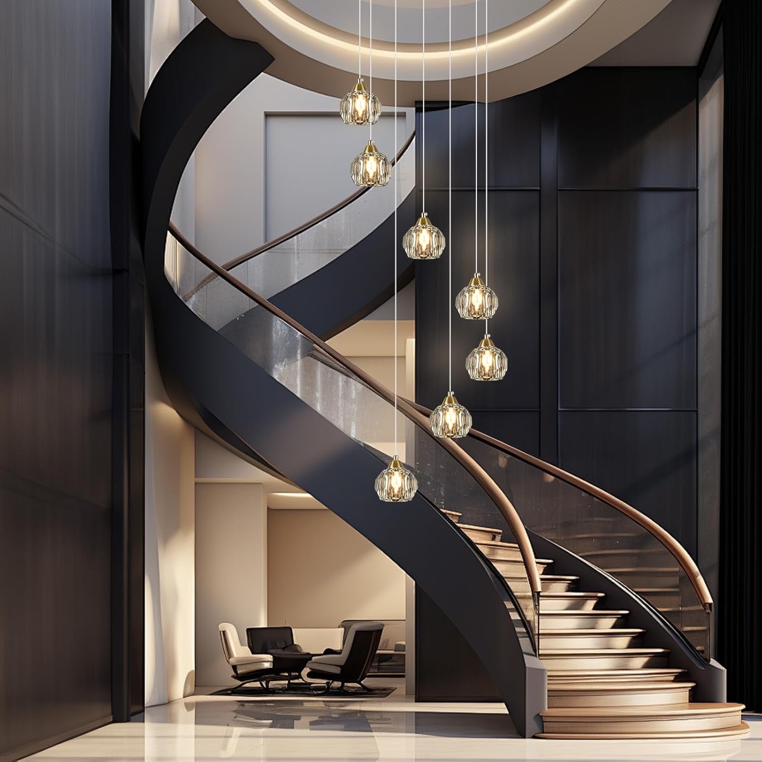 Crystal Chandeliers for High Ceilings | 7-Light Gold Modern Pendant Light Fixture