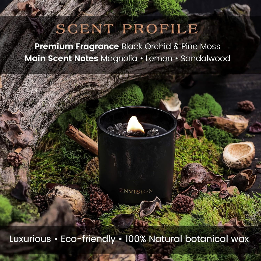 Black Orchid & Pine Moss Crystal Candle | Luxury Soy Blend Candle with Smoky & Clear Quartz, Wood Wick