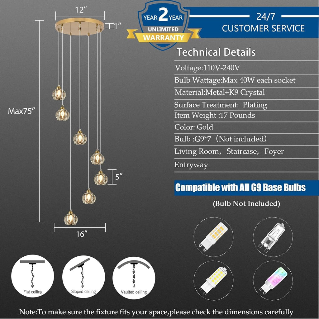 Crystal Chandeliers for High Ceilings | 7-Light Gold Modern Pendant Light Fixture