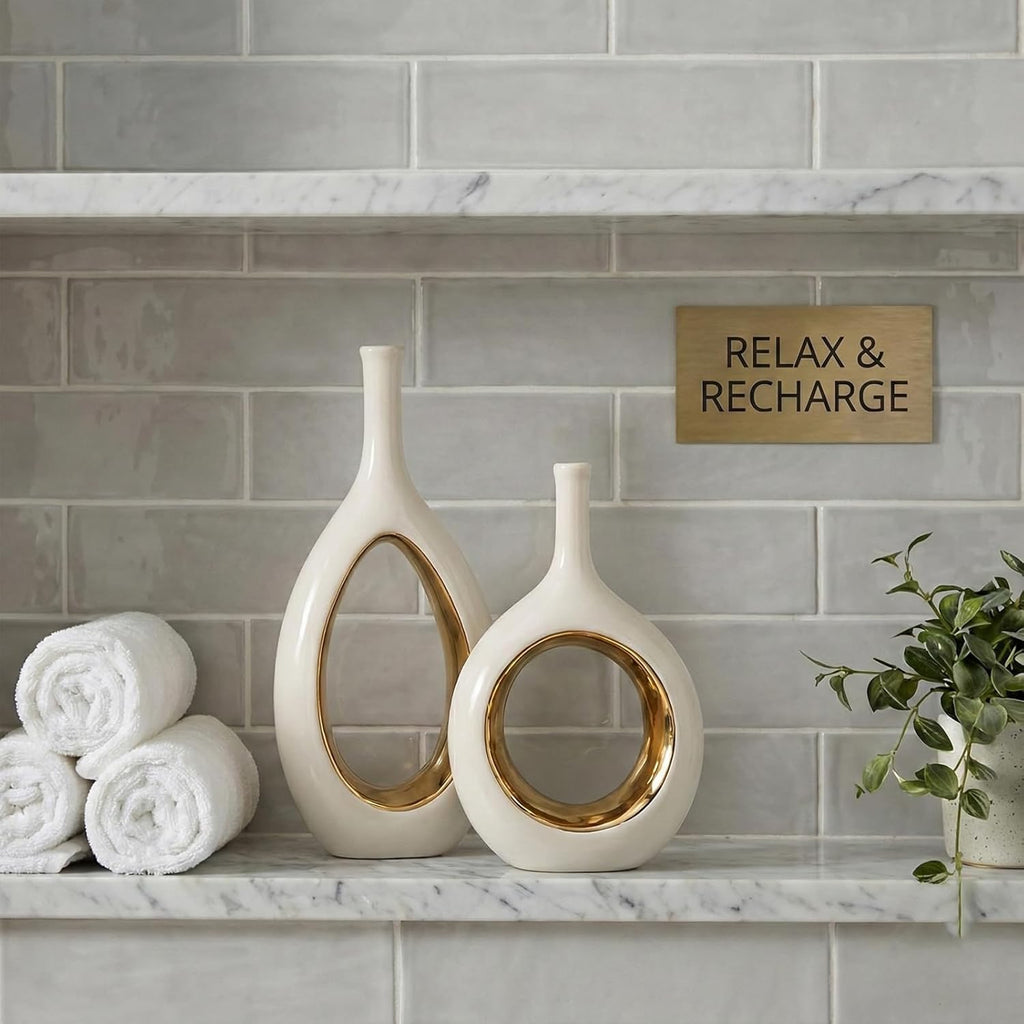 White & Gold Ceramic Hollow Circle Vase | Modern Minimalist Decorative Vase for Shelf & Mantle