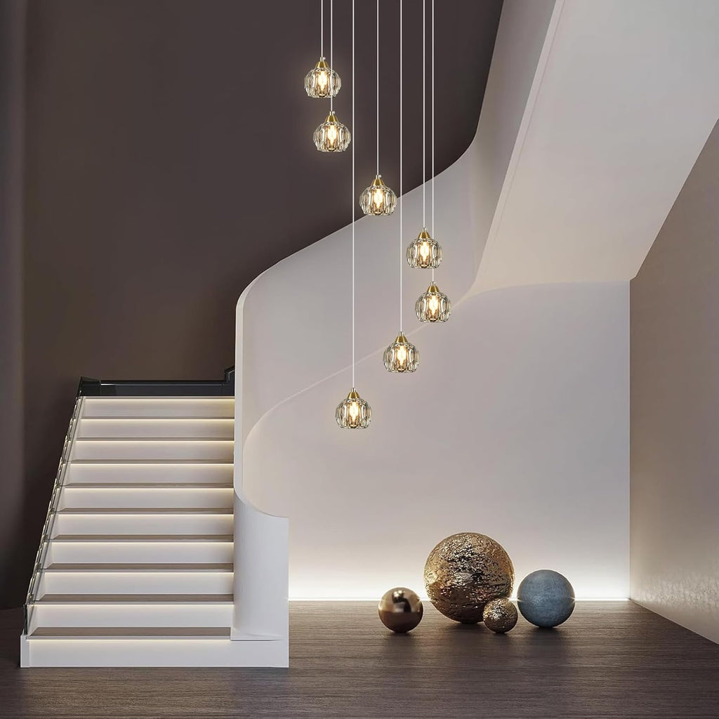 Crystal Chandeliers for High Ceilings | 7-Light Gold Modern Pendant Light Fixture