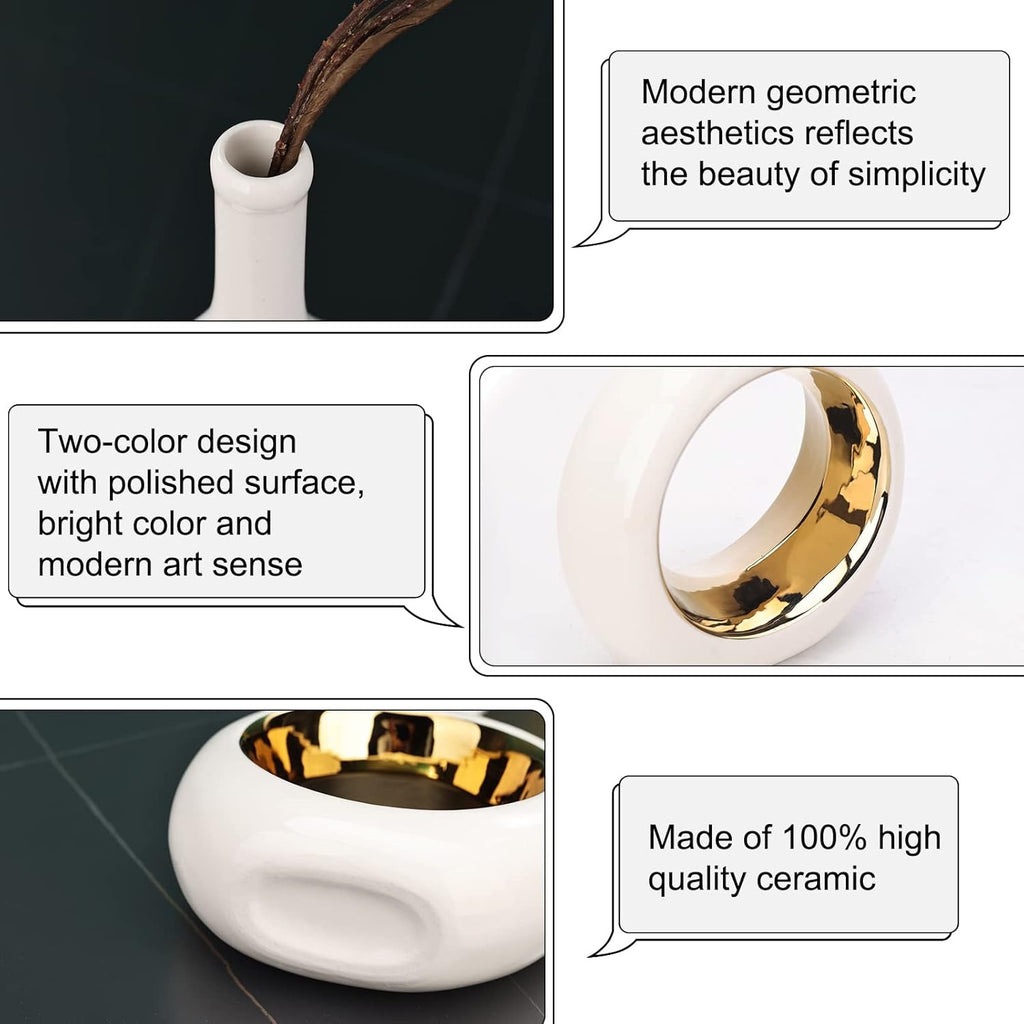 White & Gold Ceramic Hollow Circle Vase | Modern Minimalist Decorative Vase for Shelf & Mantle