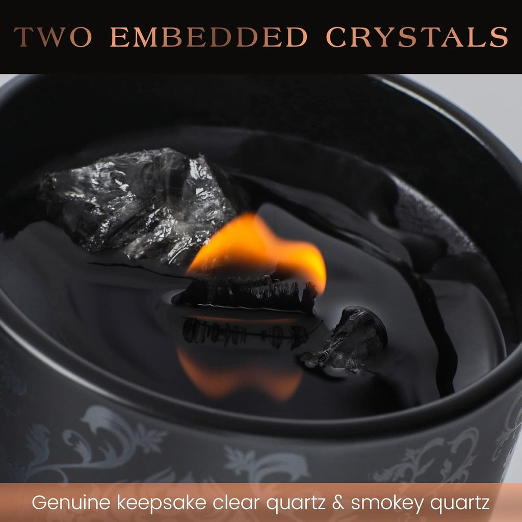 Black Orchid & Pine Moss Crystal Candle | Luxury Soy Blend Candle with Smoky & Clear Quartz, Wood Wick