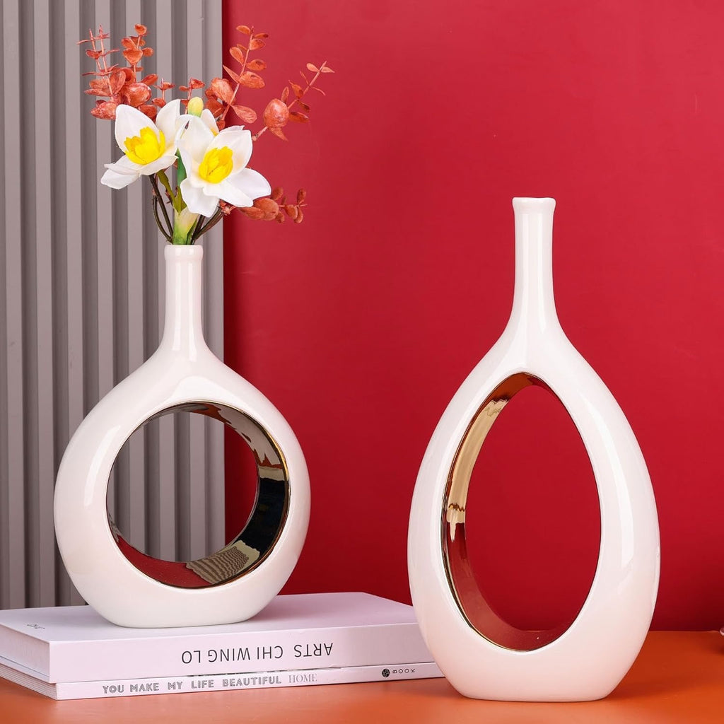 White & Gold Ceramic Hollow Circle Vase | Modern Minimalist Decorative Vase for Shelf & Mantle