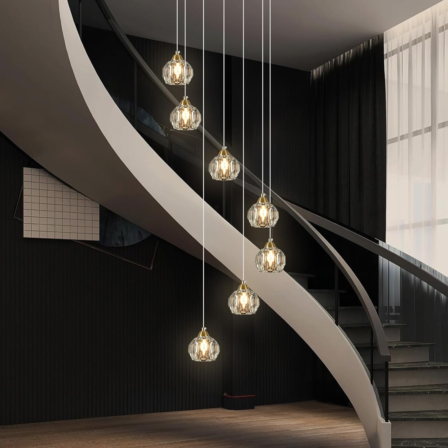 Crystal Chandeliers for High Ceilings | 7-Light Gold Modern Pendant Light Fixture