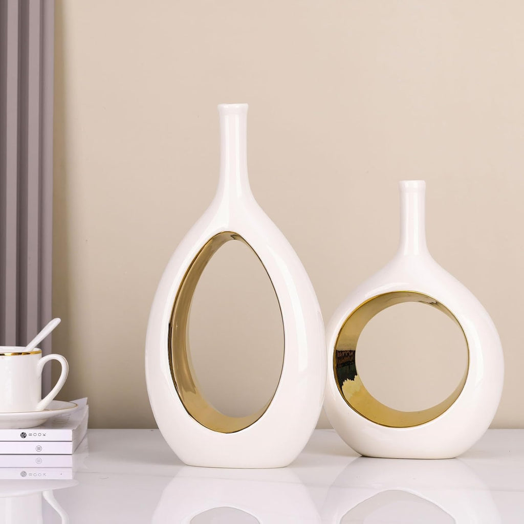 White & Gold Ceramic Hollow Circle Vase | Modern Minimalist Decorative Vase for Shelf & Mantle