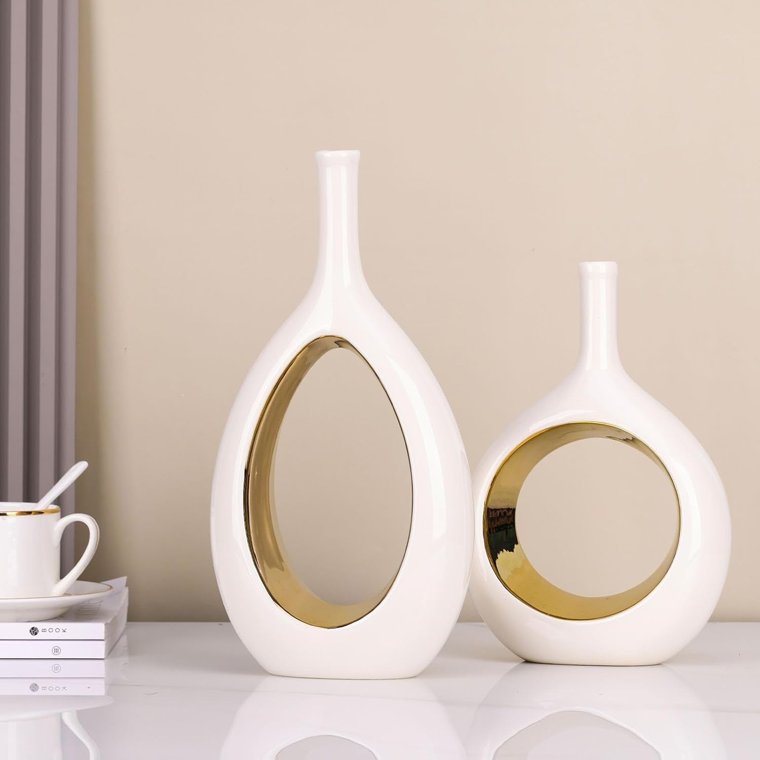 White & Gold Ceramic Hollow Circle Vase | Modern Minimalist Decorative Vase for Shelf & Mantle