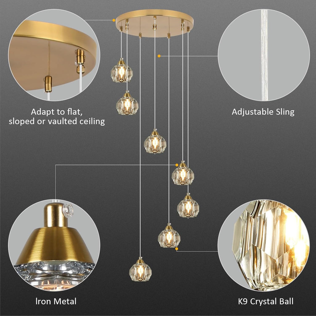 Crystal Chandeliers for High Ceilings | 7-Light Gold Modern Pendant Light Fixture