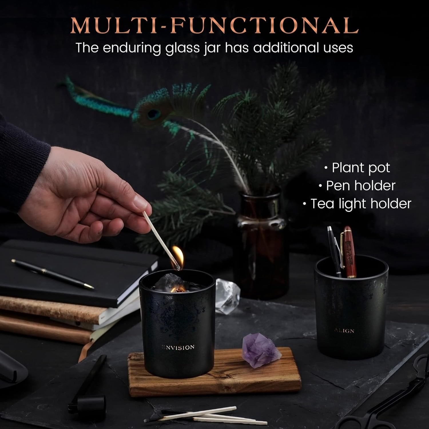 Black Orchid & Pine Moss Crystal Candle | Luxury Soy Blend Candle with Smoky & Clear Quartz, Wood Wick