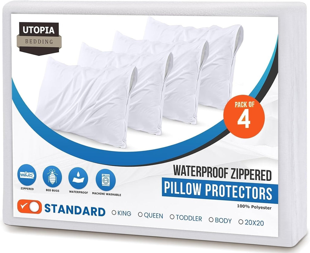 Utopia Bedding Waterproof Pillow Protectors (Set of 4) | Zippered Pillow Encasements, Dust Mite & Bed Bug Proof – Standard Size