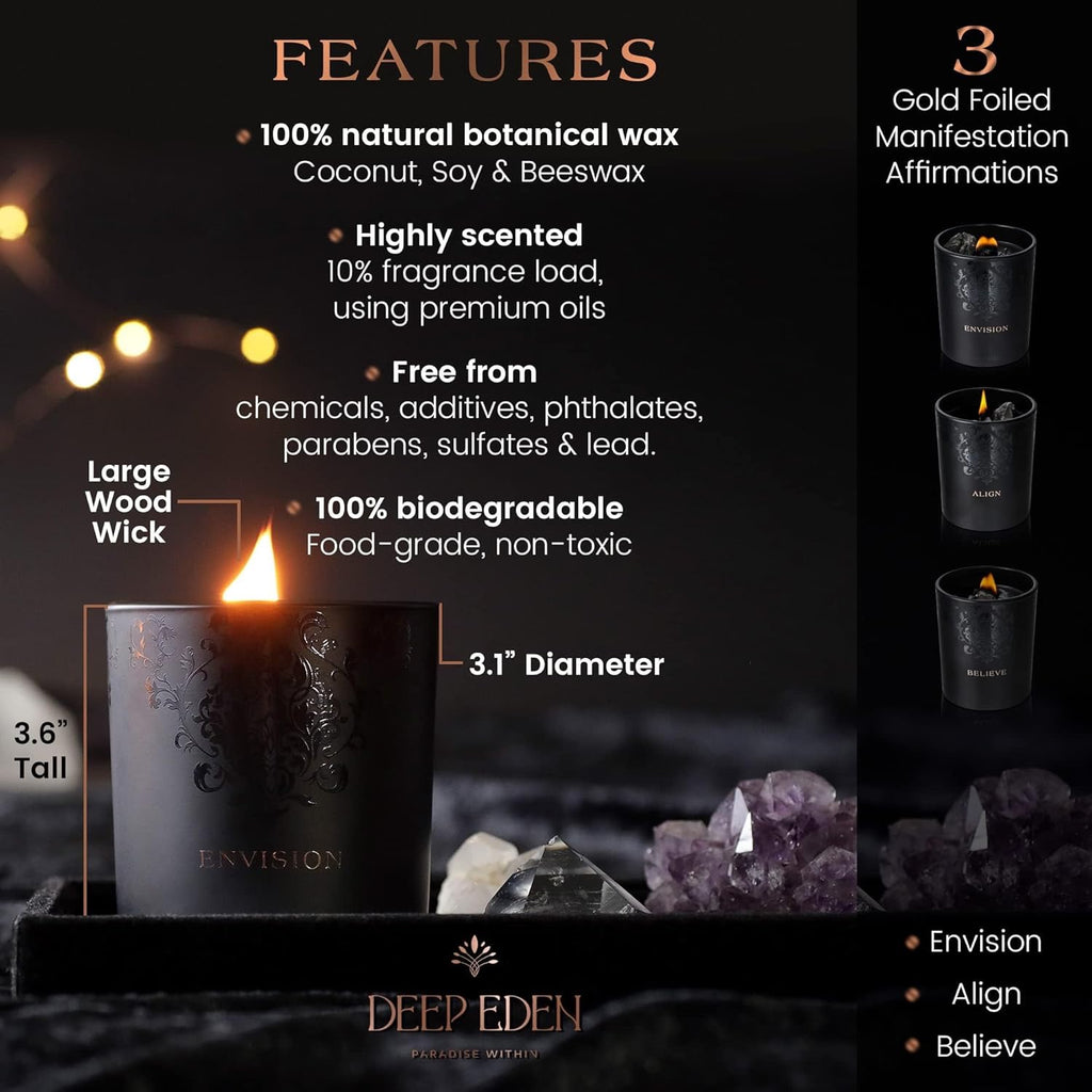 Black Orchid & Pine Moss Crystal Candle | Luxury Soy Blend Candle with Smoky & Clear Quartz, Wood Wick