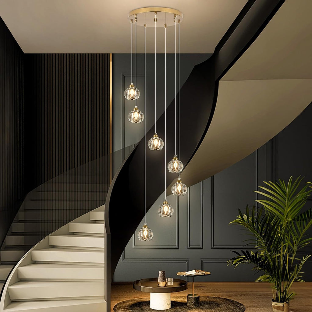 Crystal Chandeliers for High Ceilings | 7-Light Gold Modern Pendant Light Fixture