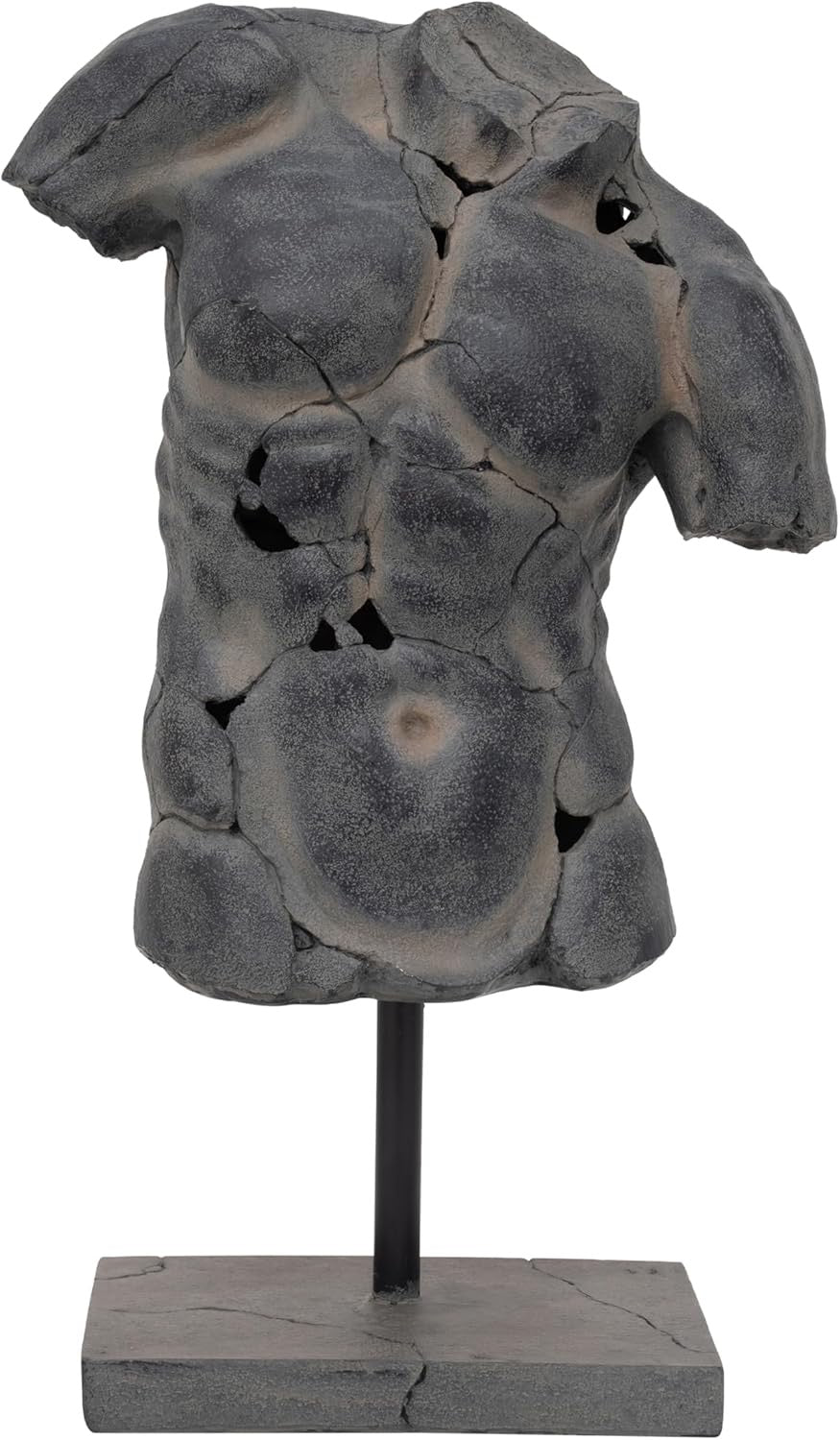 Modern Cracked Male Torso Sculpture | Black Textured Polyresin Abstract Statue (25”)