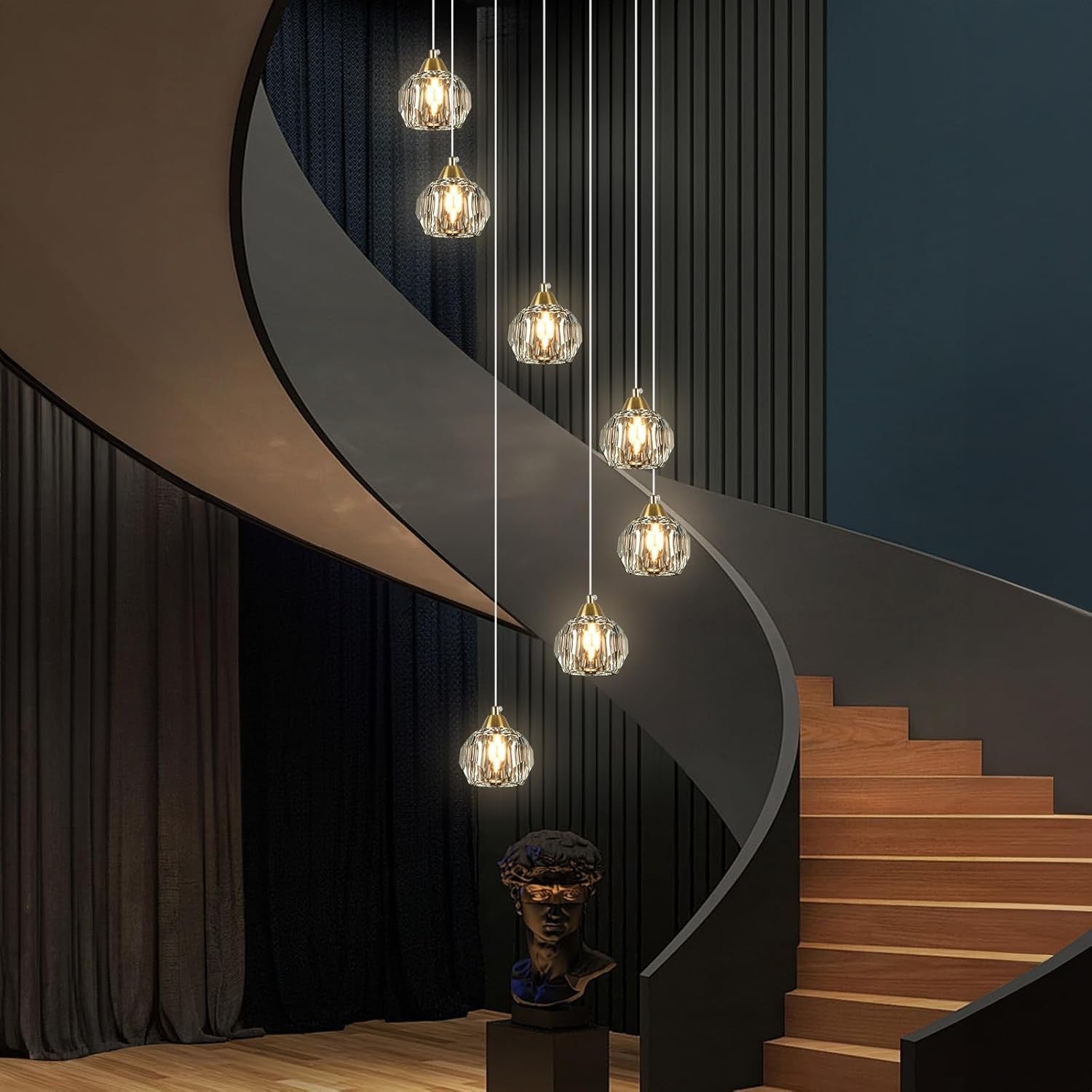Crystal Chandeliers for High Ceilings | 7-Light Gold Modern Pendant Light Fixture