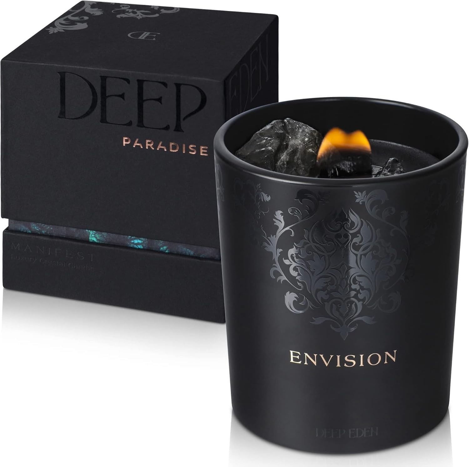 Black Orchid & Pine Moss Crystal Candle | Luxury Soy Blend Candle with Smoky & Clear Quartz, Wood Wick