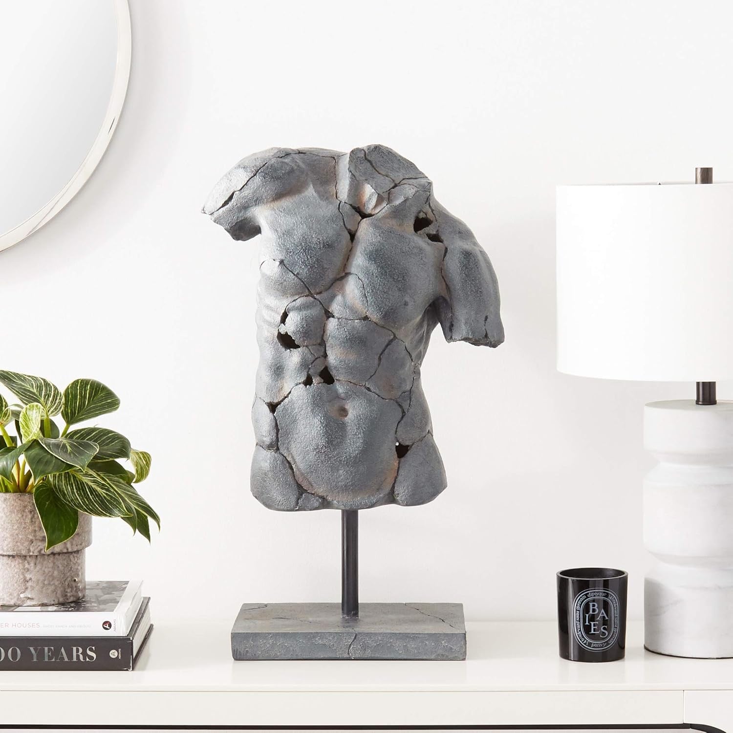 Modern Cracked Male Torso Sculpture | Black Textured Polyresin Abstract Statue (25”)