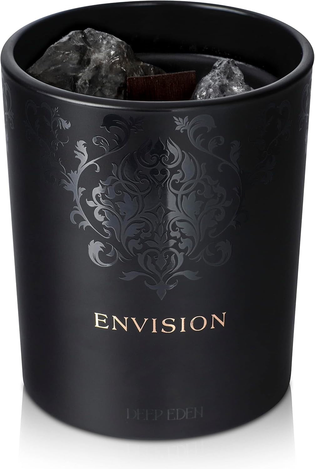 Black Orchid & Pine Moss Crystal Candle | Luxury Soy Blend Candle with Smoky & Clear Quartz, Wood Wick