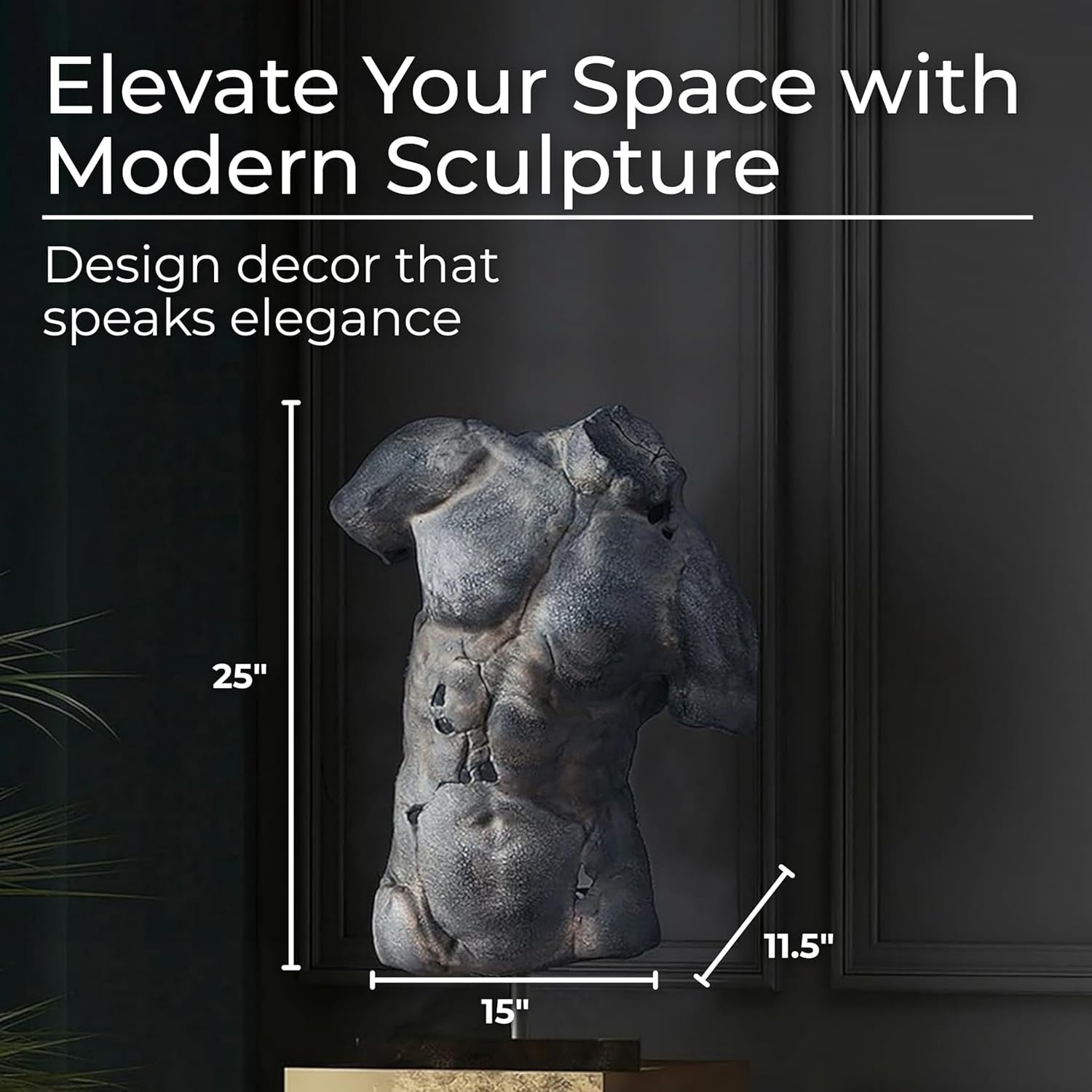 Modern Cracked Male Torso Sculpture | Black Textured Polyresin Abstract Statue (25”)