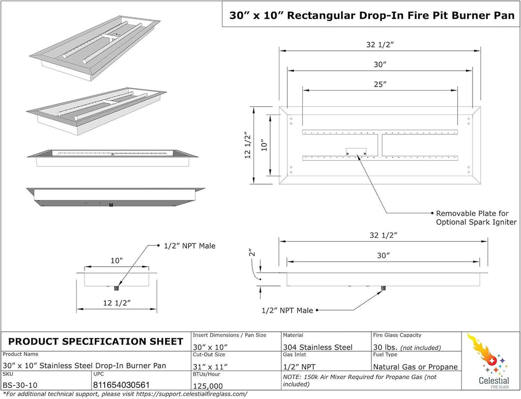 Celestial 30 x 10 Inch Drop-In Fire Pit Pan with Burner – Stainless Steel DIY Gas Fire Pit Insert