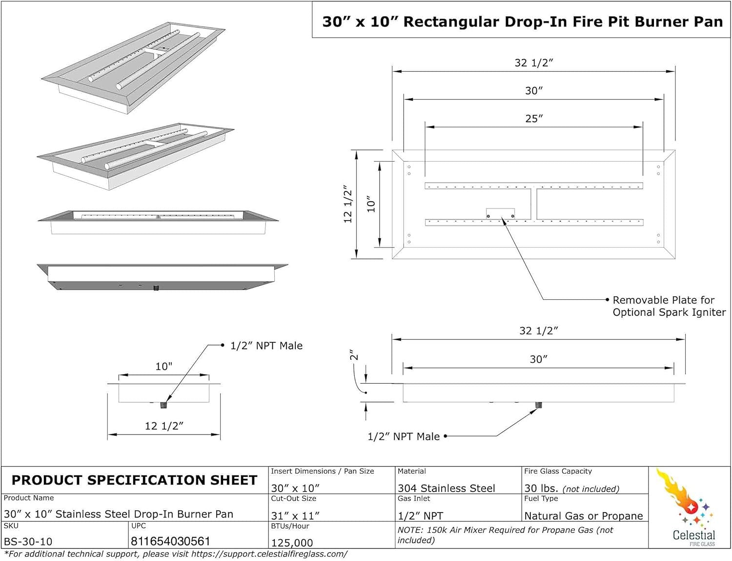 Celestial 30 x 10 Inch Drop-In Fire Pit Pan with Burner – Stainless Steel DIY Gas Fire Pit Insert