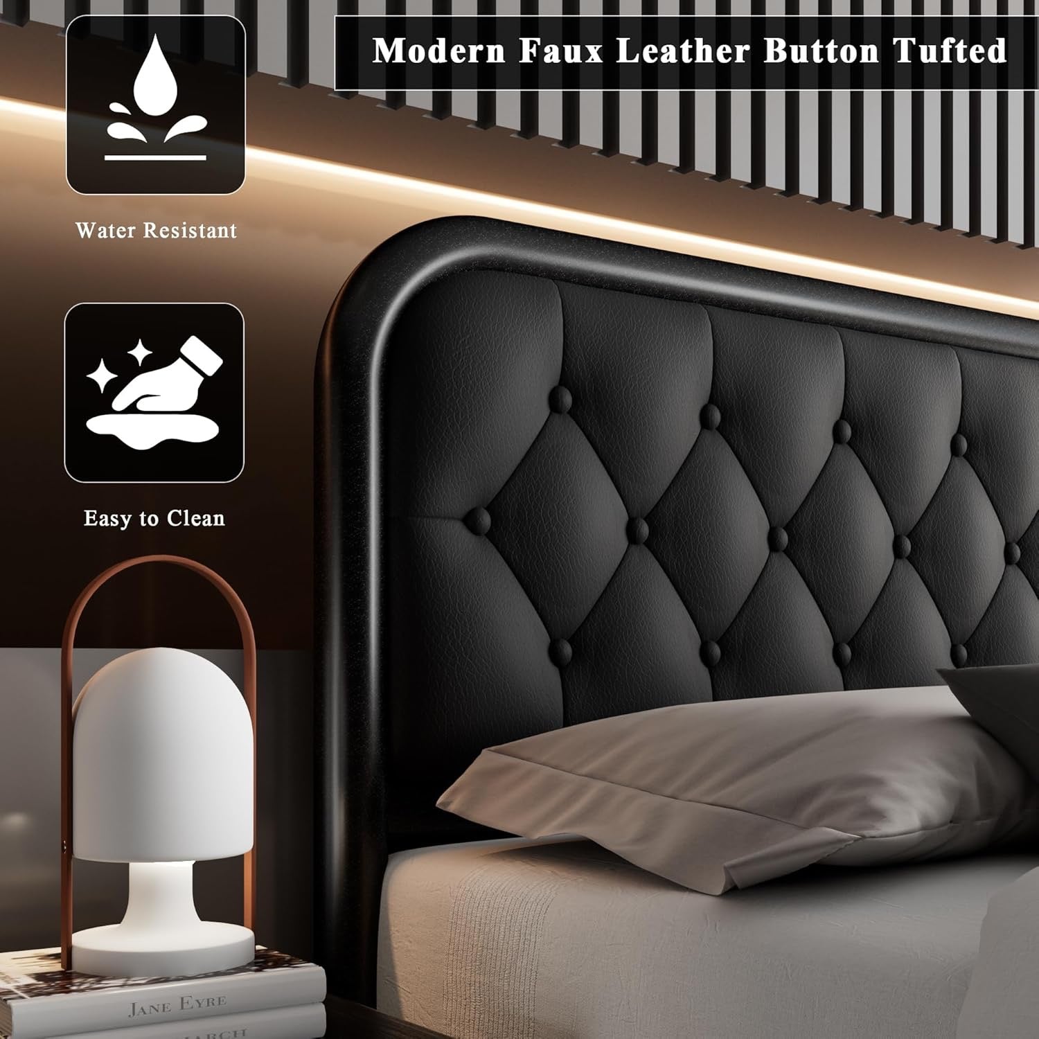 Feonase King Upholstered Platform Bed | Faux Leather Headboard with Metal Slat Support – Black