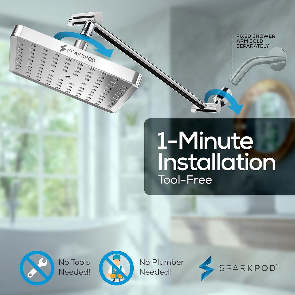 SparkPod Square Rain Shower Head with 16” Extension Arm | High-Pressure Chrome Rainfall Showerhead