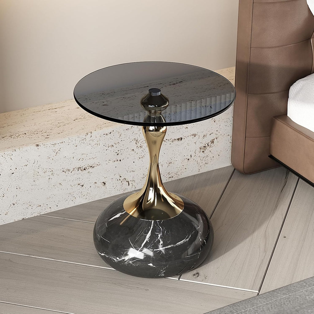 Lartis Tempered Glass Side Table | Gray Glass Accent Table with Marble Base & Gold/Black Frame