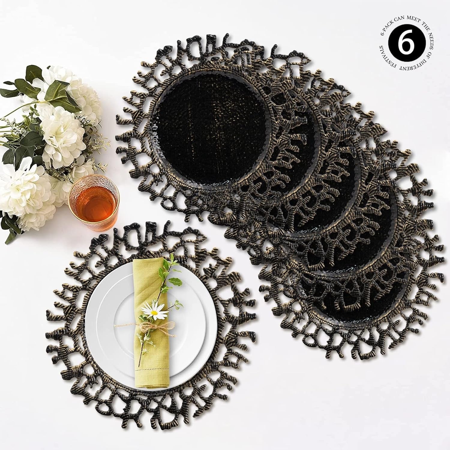 MAONAME 13 Inch Black Charger Plates Set of 6 | Round Plastic Table Chargers for Wedding Dinner Table Decor