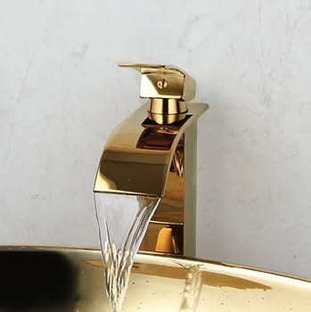 23 Inch Gold Ceramic Vessel Sink with Waterfall Faucet | Oval Above Counter Bathroom Sink with Pop-Up Drain