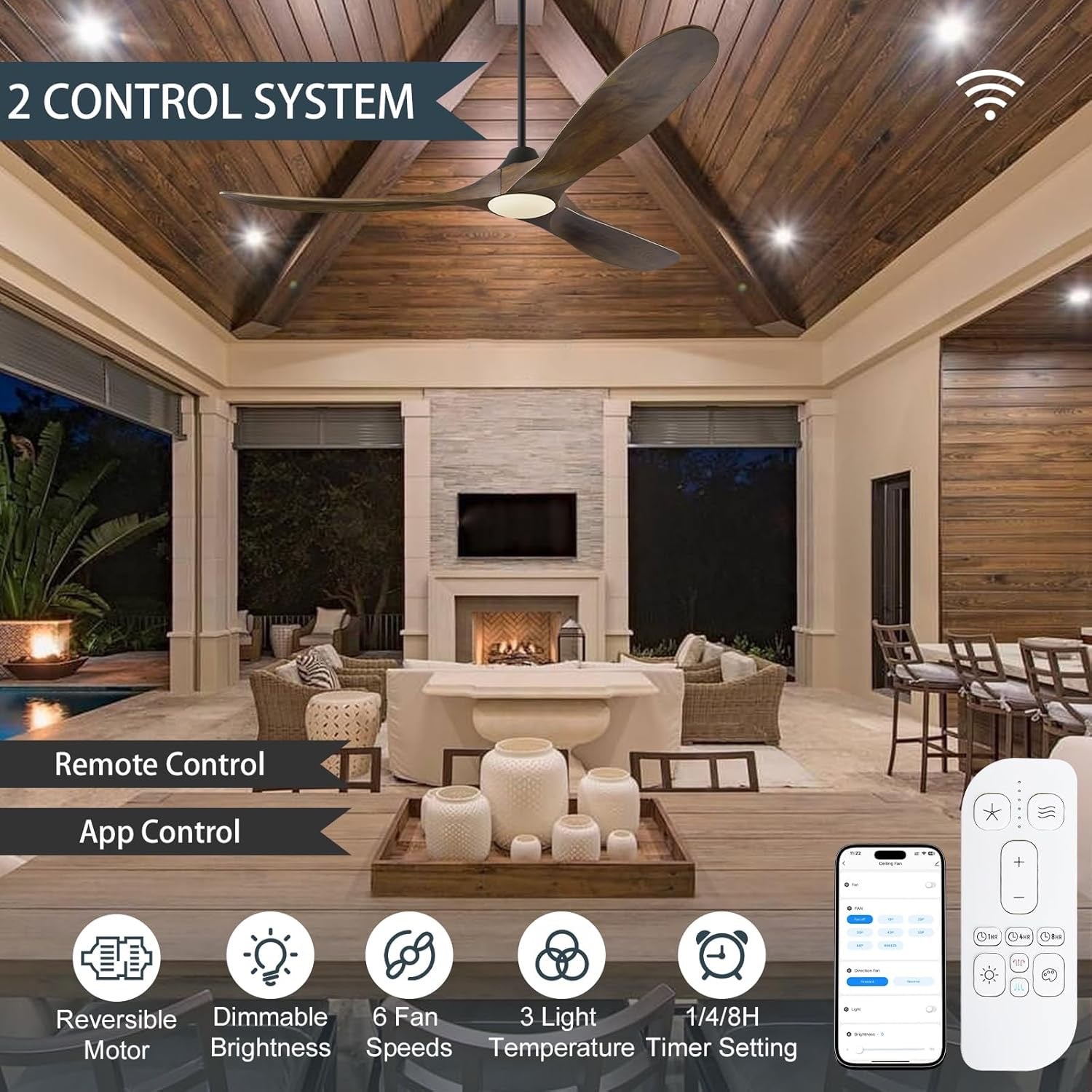 60″ Outdoor Ceiling Fan with Light | Damp-Rated Patio & Porch Fan with Remote & Smart Control