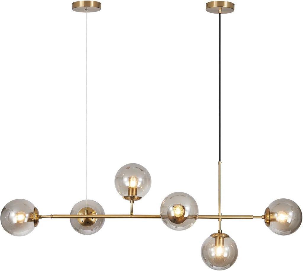 KCO Lighting 6-Light Globe Sputnik Chandelier | Brass Gold Linear Pendant with Smoke Glass Shades