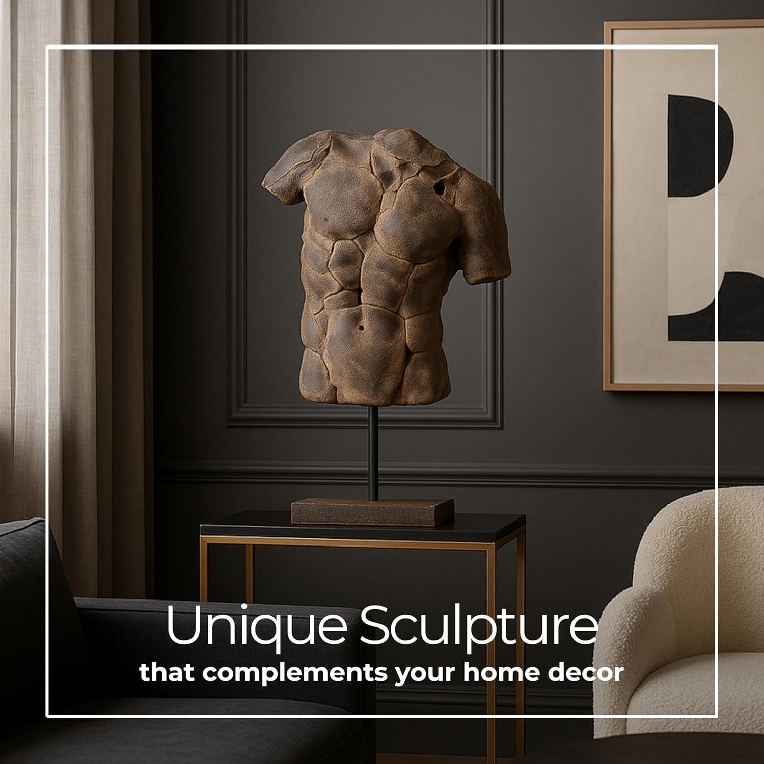 Modern Cracked Male Torso Sculpture | Black Textured Polyresin Abstract Statue (25”)