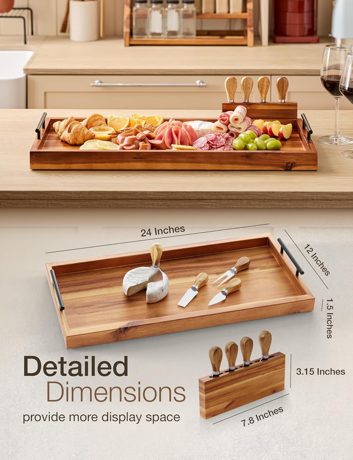 24" Acacia Wood Charcuterie Board with Handles | Extra Long Wooden Serving Tray for Cheese & Appetizers