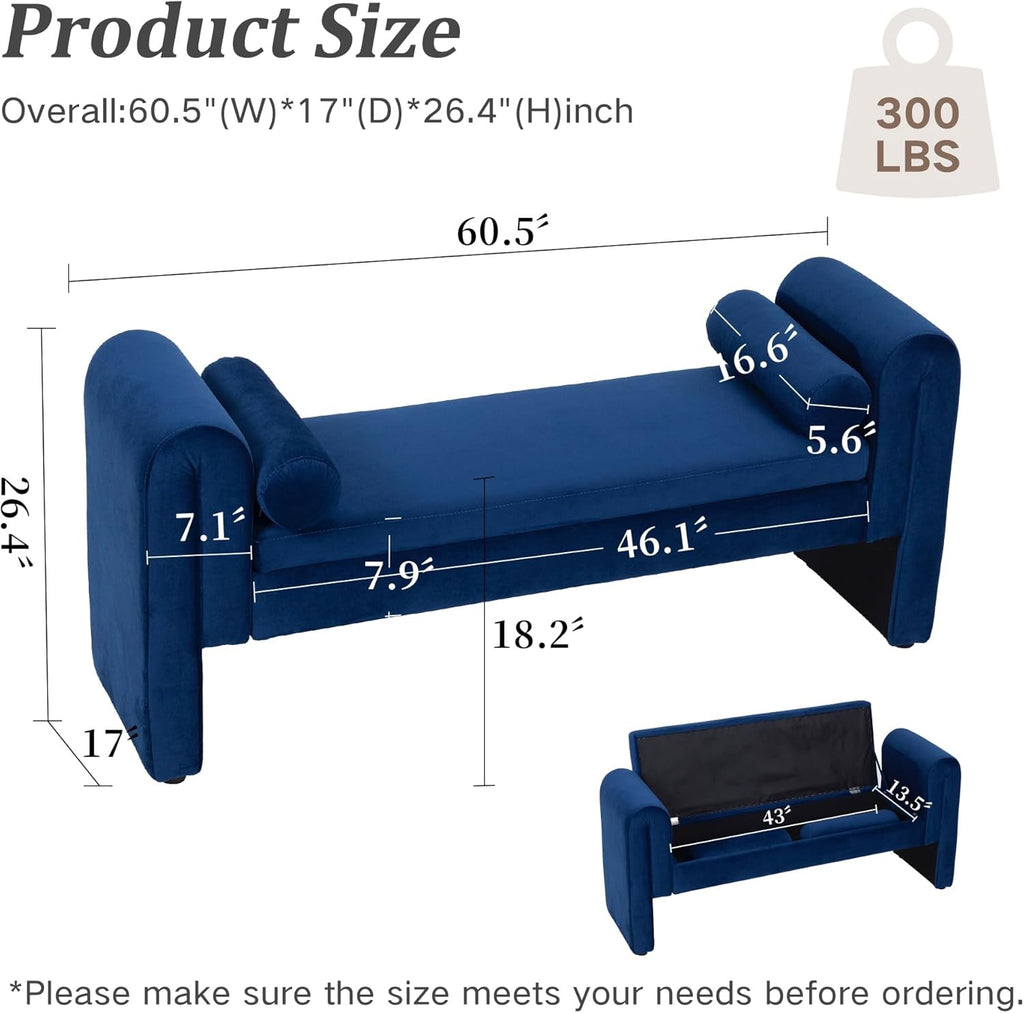 Velvet Tufted Storage Bench with Rolled Arms | Navy Upholstered End-of-Bed Ottoman with Solid Wood Legs