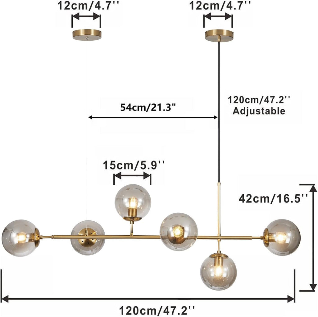 KCO Lighting 6-Light Globe Sputnik Chandelier | Brass Gold Linear Pendant with Smoke Glass Shades